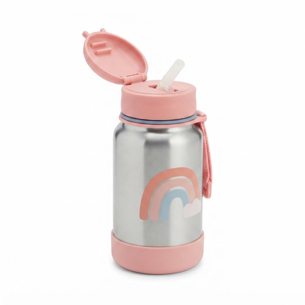 Skip Hop Rainbow Spark Style Stainless Steel Kids Straw Bottle 12+ Months 350ml, Comfortable No Slip Silicone Grip, Flexible Straw Flips - Multicolour