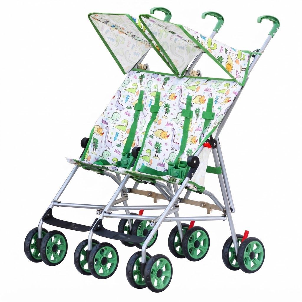 The Moon Brand Jet Plus Twin Buggy, Lightweight Umbrella Stroller for Twins & Siblings, 5-Point Safety Harness, Umbrella Fold | Green