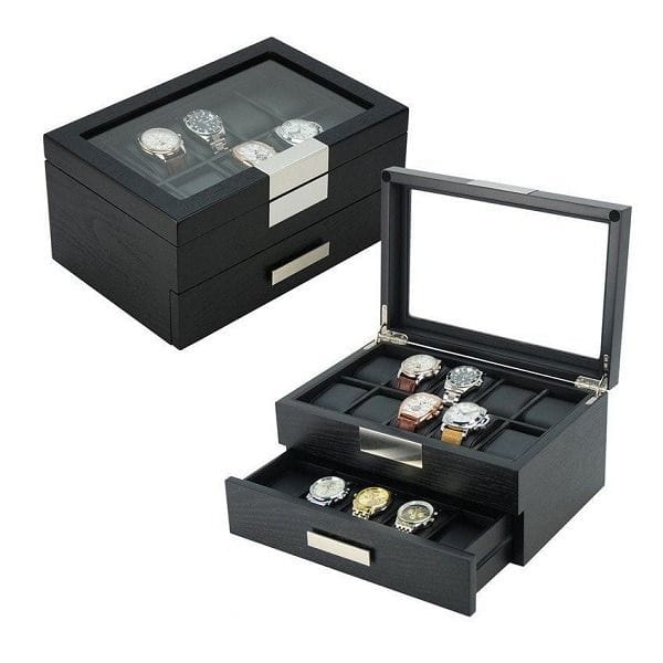 Luxury Signature Wooden Watch Storage Box, 20 Slot Watch Organizer with PU Leather Lining, Black Oak Veneer, Matte Finish Display Case