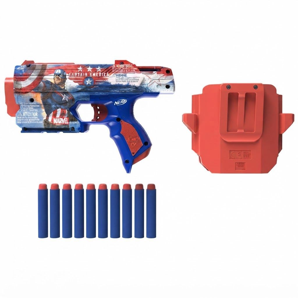 Nerf Marvel Captain America Dart Blaster with Holster, 10 Elite Darts, Single-Fire Toy Blaster