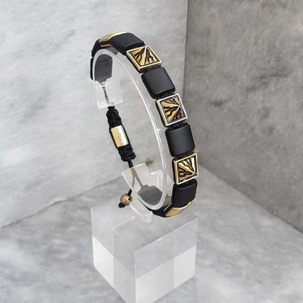 Eastwest Volcano Series Bracelet, 925 Gold Sterling Silver Beads, Square Onyx Natural Stones, Black Handmade Adjustable Rope Bracelet