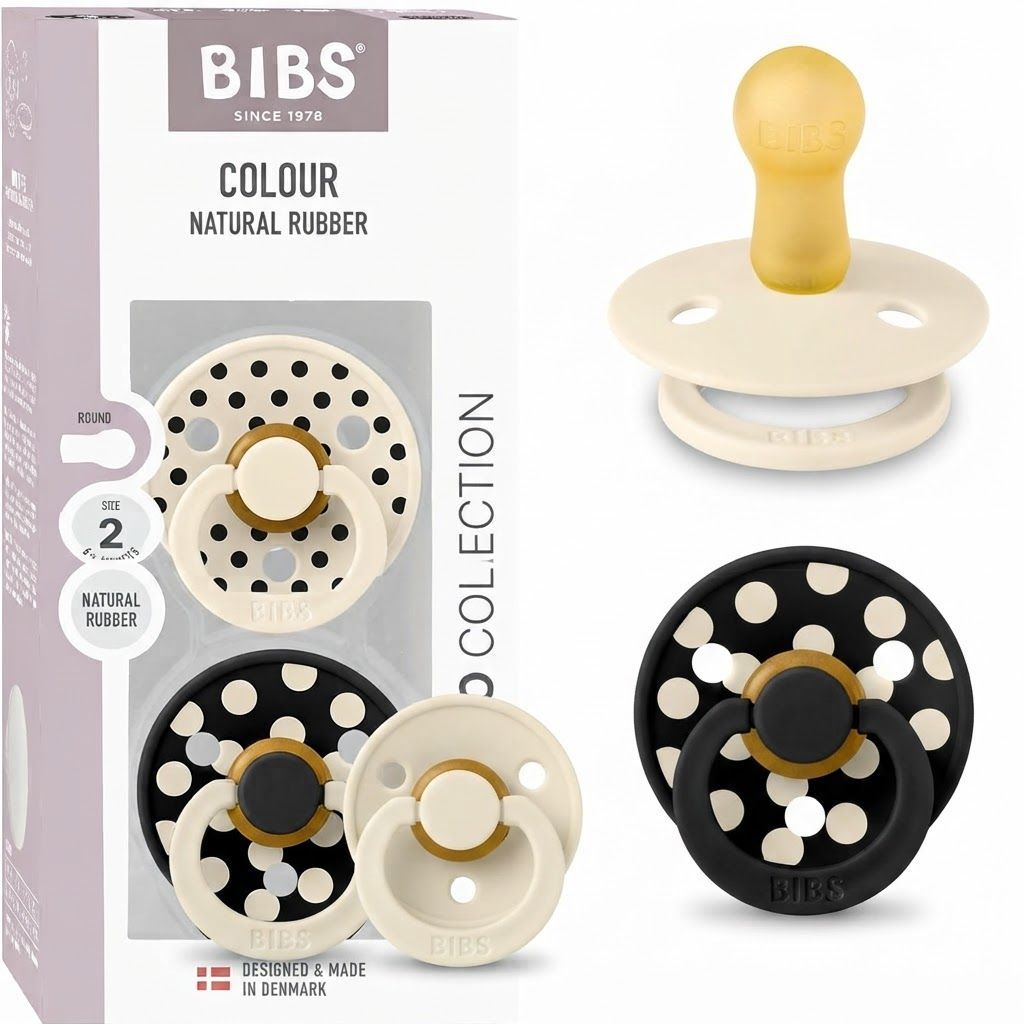 BIBS Polka Studio Colour Latex Round Pacifier Size 2 6+ Months 2 Pack, Ergonomic Shield Design, BPA-Free And Safe Materials - Ivory/Black