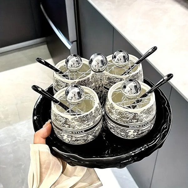 Luxury Signature Seasoning Jar Set with Handle, Ceramic Spice Containers with Matching Lid & Tray - 4 Piece