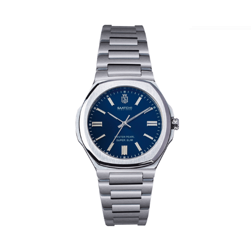 Saatchi Oyster Pearl Bright Blue Watch, 42mm Stainless Steel Case, Miyota 9T22 Quartz Movement, Brushed Steel Bracelet, Mineral Glass, 5 ATM Water Resistant