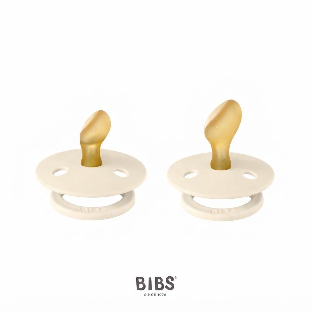 BIBS Latex Anatomical Pacifier Colour Size 1 0+ Months 2 Pack, Air Releasing Valve, Anti-Irritation Shield, Skin-Like Softness - Vanilla/Candy Apple