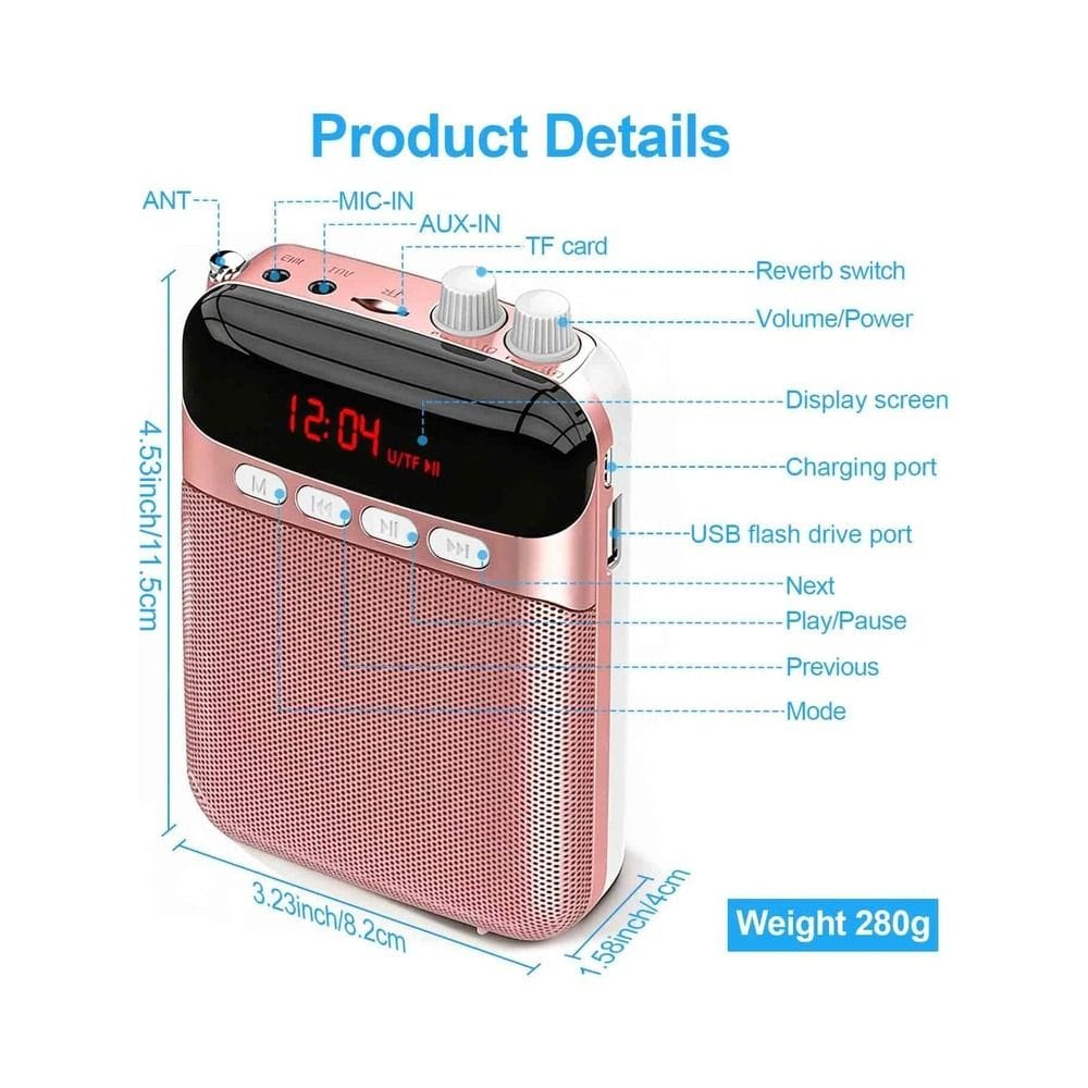 Portable Voice Amplifier with Bluetooth Rechargeable 2400mAh Waistband Megaphone Speaker & Wired Headset Mic, 10W Output, Up to 20H Playtime