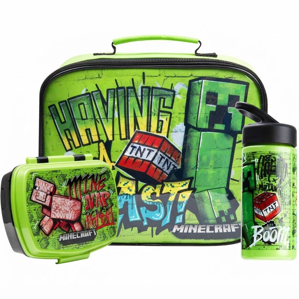 Minecraft 3-Piece Kids Lunch Bag Set, Insulated Lunch Box with Snack Container & 420ml Water Bottle