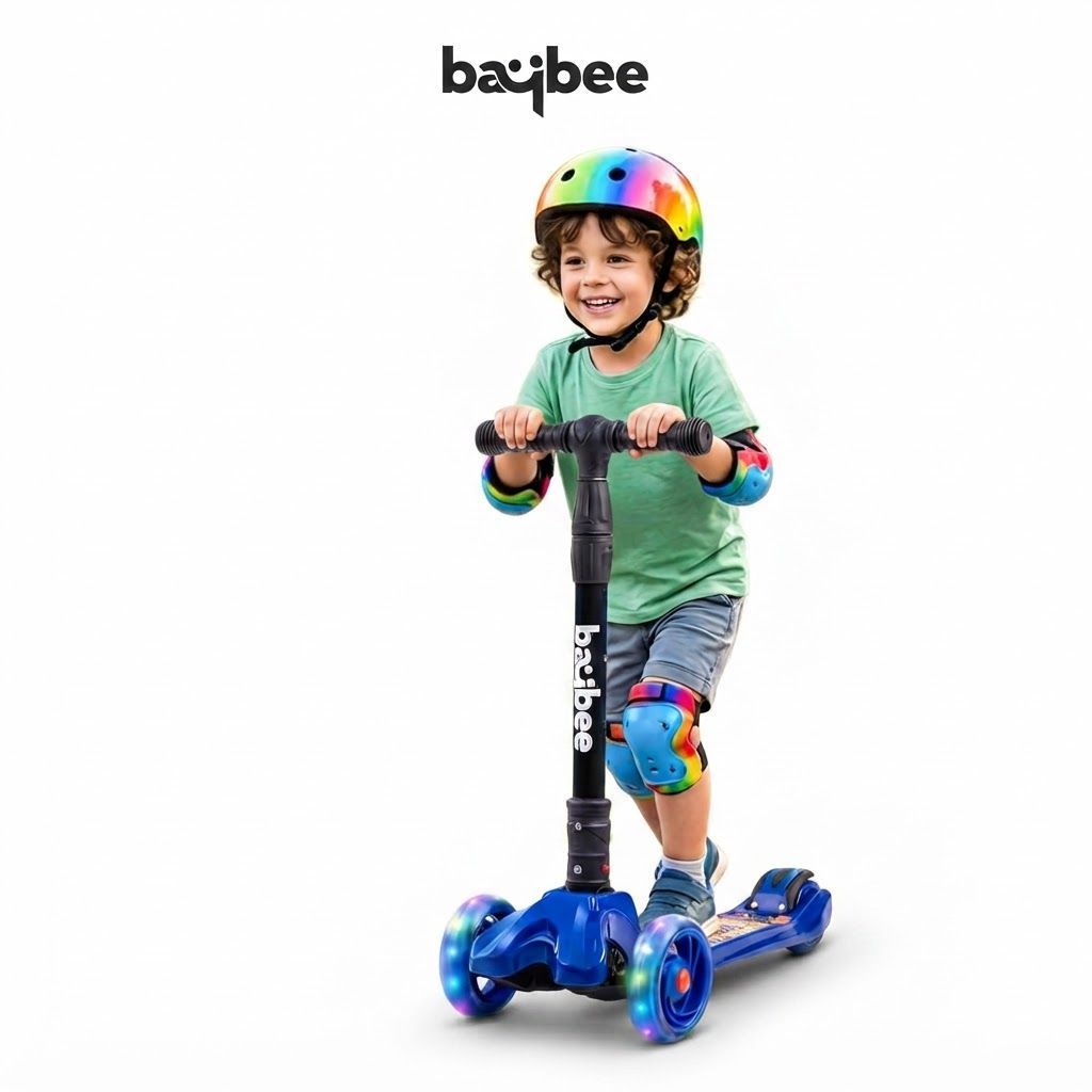 Baybee Flash 3-Wheel Kids Scooter for Boys & Girls Ages 3-8, Foldable Design, Adjustable Height, LED PU Wheels, Dark Blue
