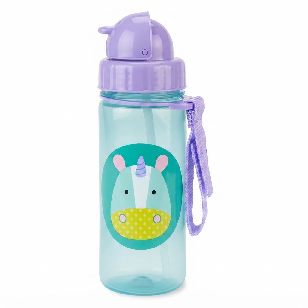Skip Hop Zoo Unicorn Straw Bottle 12+ Months 390ml, Hygienic Flip-Down Straw, Fun Zoo Character Design, Dishwasher Safe - Multicolour