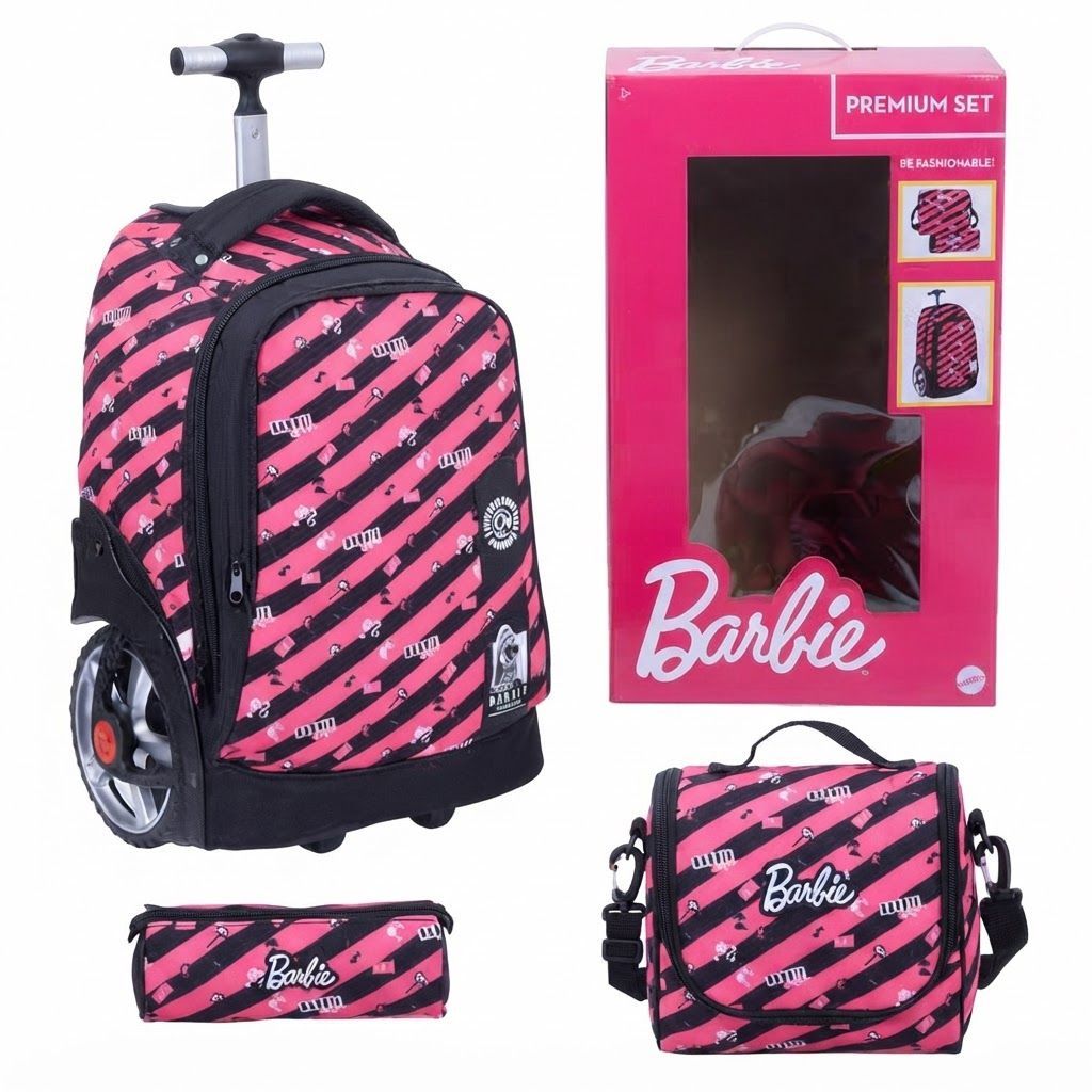 Barbie Big Wheel 3-Piece Trolley Backpack Set for Girls - Rolling School Bag with Matching Lunch Box
