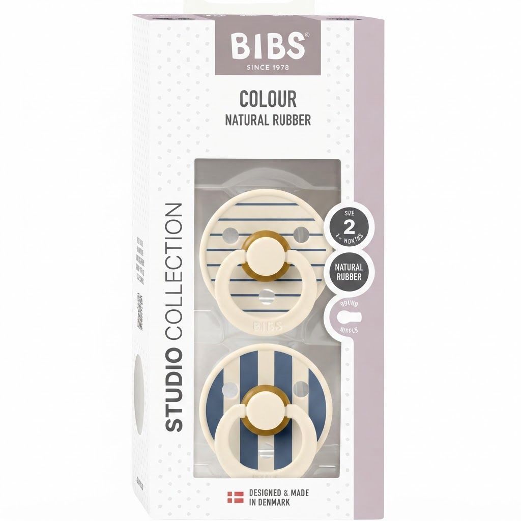 BIBS Pin Studio Colour Latex Round Pacifier Size 2 6+ Months 2 Pack, Ergonomic Shield Design, BPA-Free And Safe Materials - Ivory Steel Blue Mix