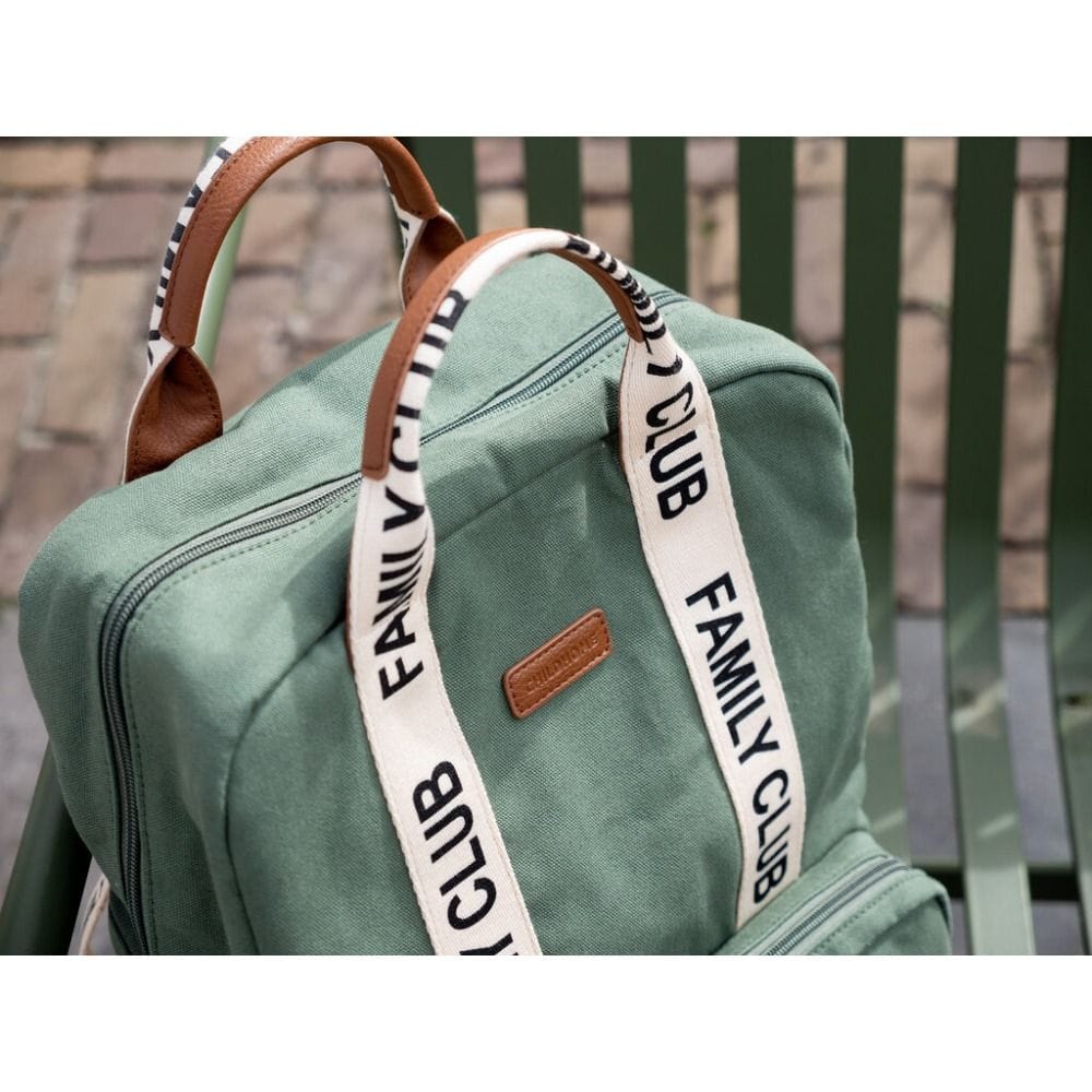Childhome Signature Canvas Family Club Backpack, Multi-Pocket Diaper Bag, Water-Resistant Interior Pockets, Changing Mat Included - Green