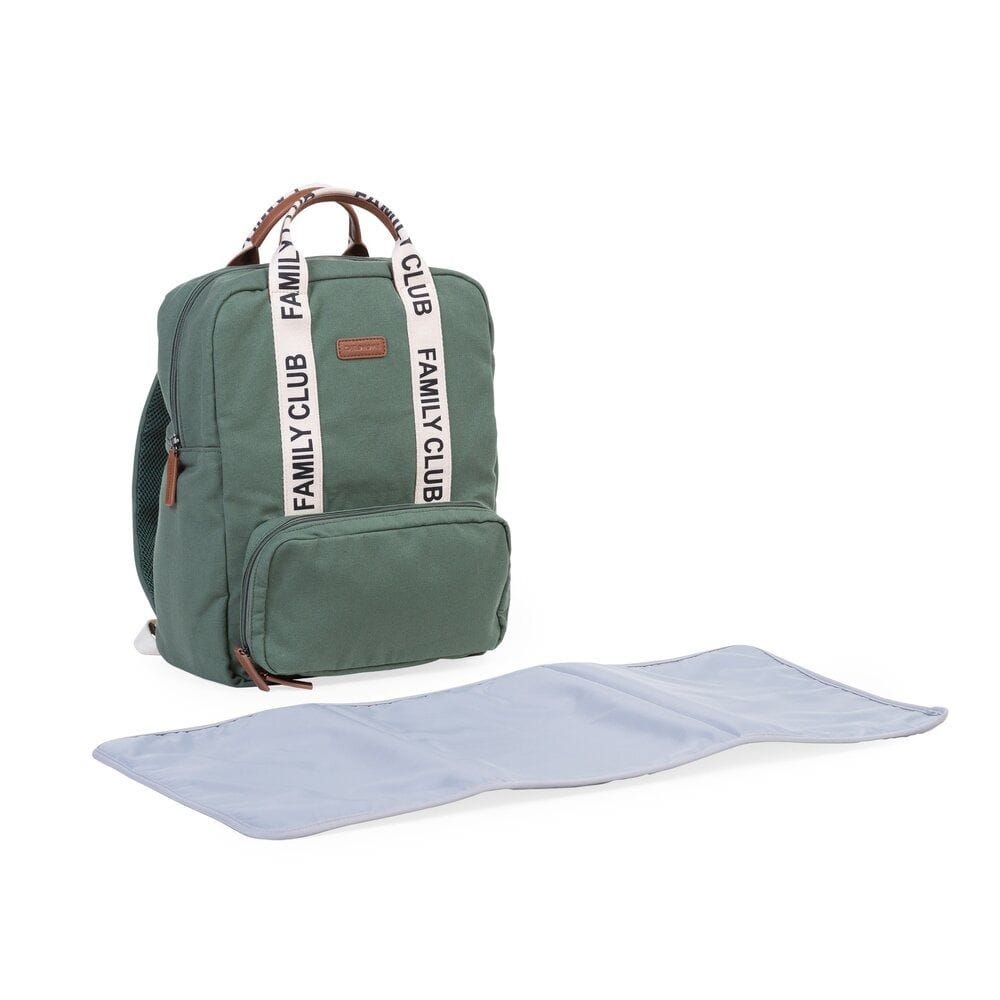 Childhome Signature Canvas Family Club Backpack, Multi-Pocket Diaper Bag, Water-Resistant Interior Pockets, Changing Mat Included - Green
