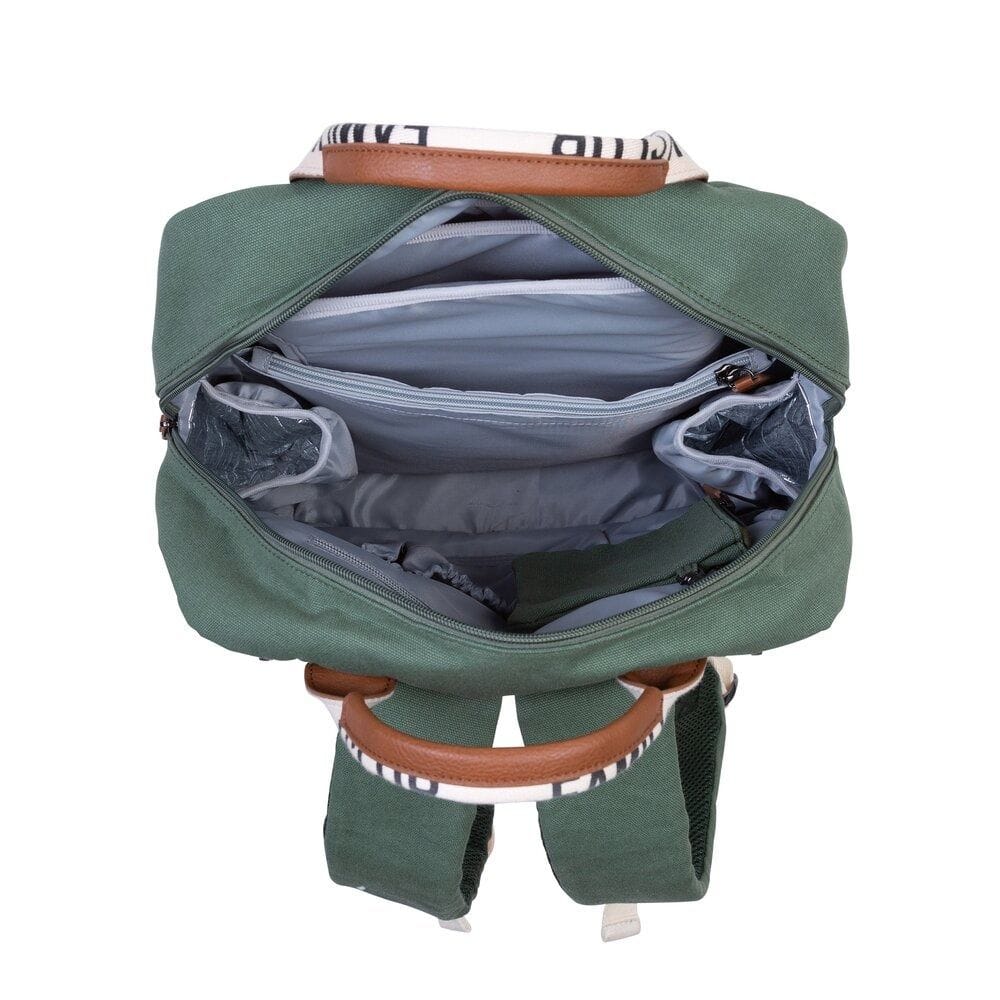 Childhome Signature Canvas Family Club Backpack, Multi-Pocket Diaper Bag, Water-Resistant Interior Pockets, Changing Mat Included - Green