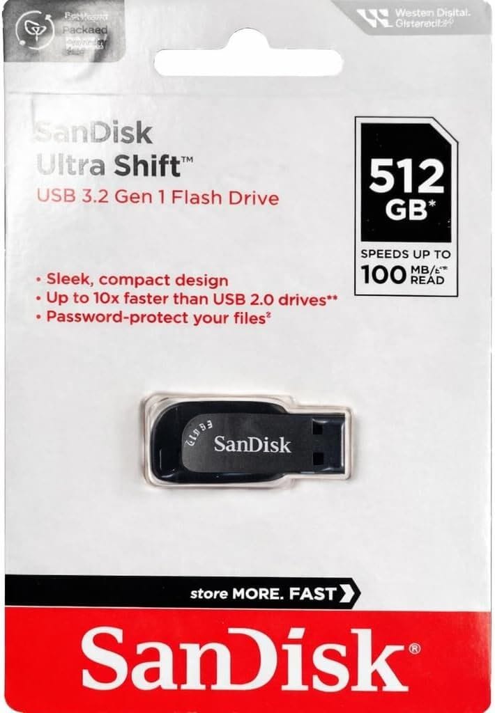 SanDisk Ultra Shift USB 3.0 Flash Drive 512GB with Up to 100MB/s Read Speed, Compact Portable Design & Plug-and-Play Storage | Black - 619659182342