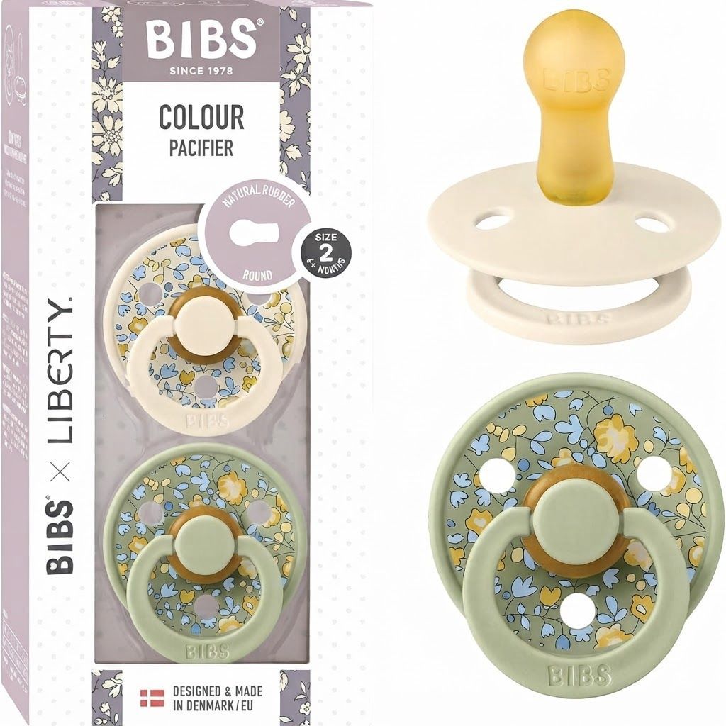 BIBS X Liberty Colour Eloise Latex Round Pacifier Size 2 6+ Months 2 Pack, 100% Food Grade Materials, Excellent Flexibility - Sage Mix