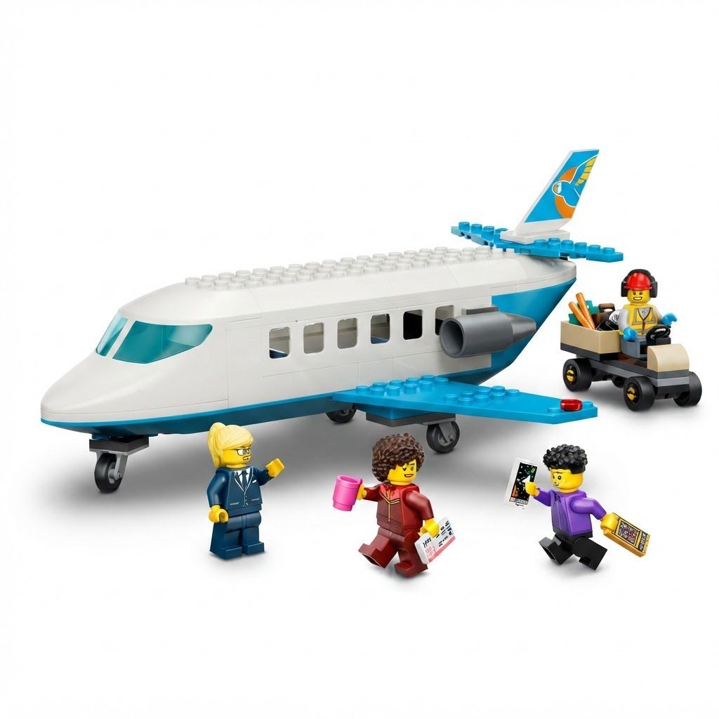 LEGO City Passenger Jet Building Set, Airplane Toy with 4 Minifigures and Airport 4+ years, Suitcases, wands, camera, mug, boarding pass, trolley