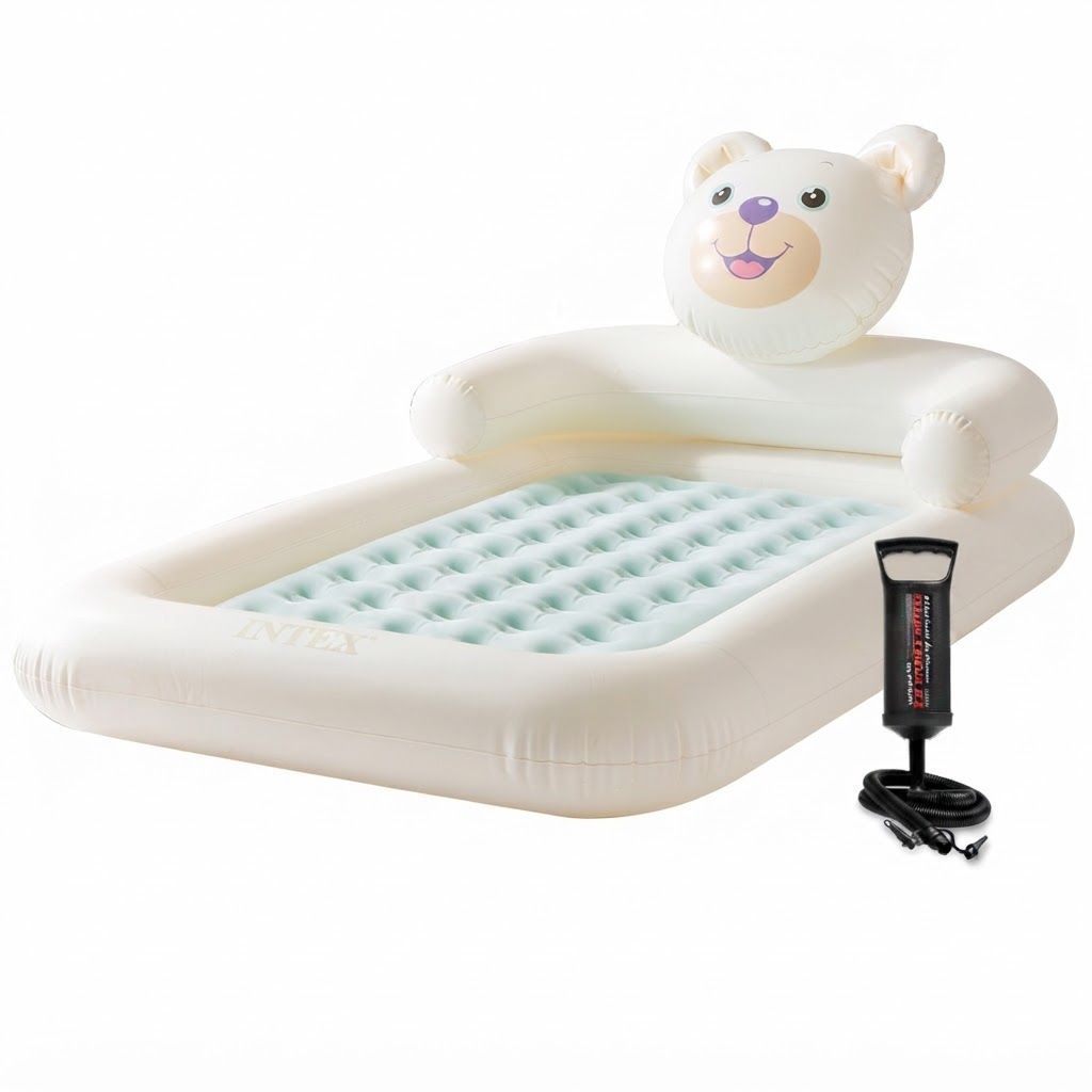 Intex Bear Kids Travel Bed, Inflatable Portable Toddler Airbed with Hand Pump, Soft Flocked Surface