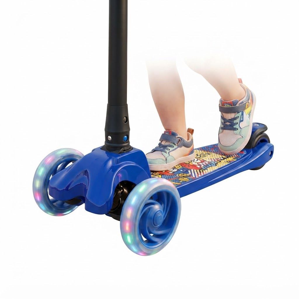 Baybee Flash 3-Wheel Kids Scooter for Boys & Girls Ages 3-8, Foldable Design, Adjustable Height, LED PU Wheels, Dark Blue
