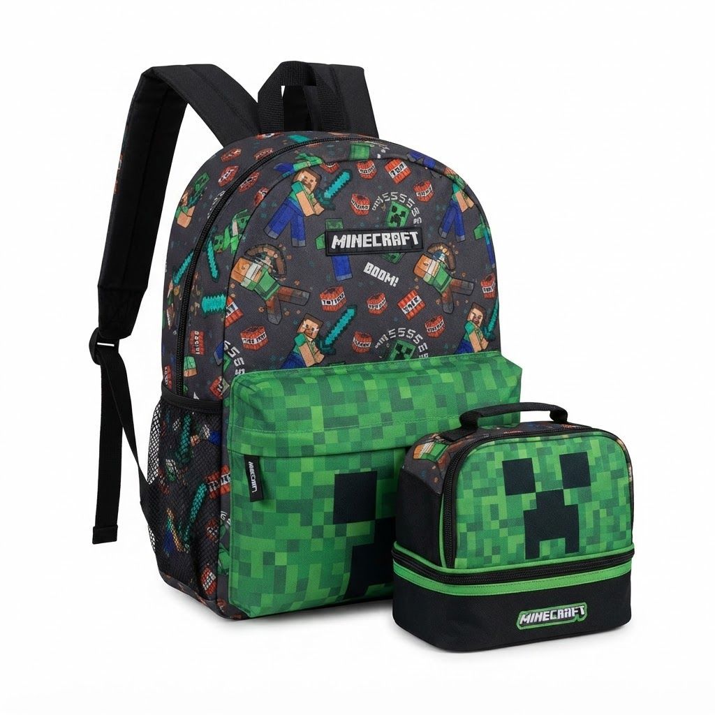 Minecraft School Backpack for Boys & Girls, Official Creeper Large Multi-Compartment Rucksack for Kids