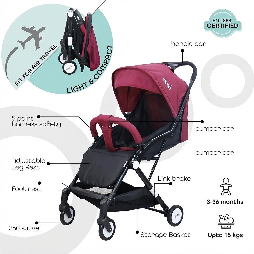 The Moon Brand TravelLite Compact Stroller - Lightweight Foldable Cabin-Friendly Pram for Newborns, 0 - 18 kg, Birth to 3 Years, 5-Point Harness | Dark Red