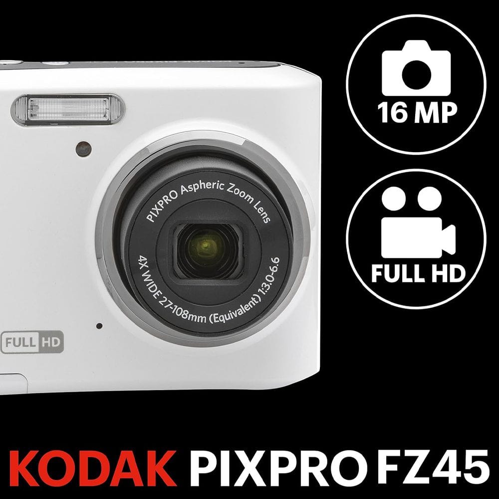 Kodak PIXPRO FZ45 Digital Camera, 16MP CMOS Sensor, 4x Optical Zoom, 27mm Wide-Angle Lens, Full HD 1080p Video & 2.7-Inch LCD Screen | White - 819900014051