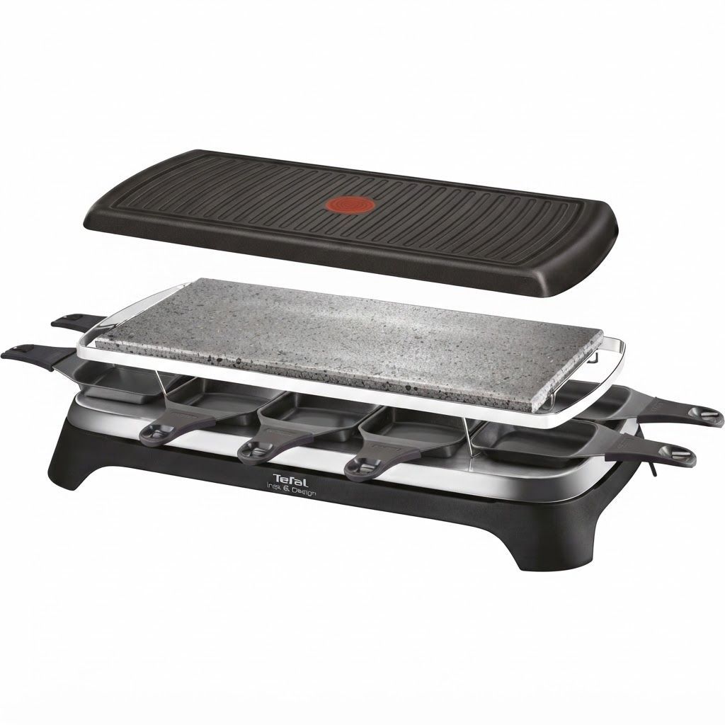 Tefal Raclette Pierrade 3-in-1 Grill, 1350W Electric Raclette, Stone Grill & BBQ, Non-Stick Plates - Black/Stainless Steel - RE45A827