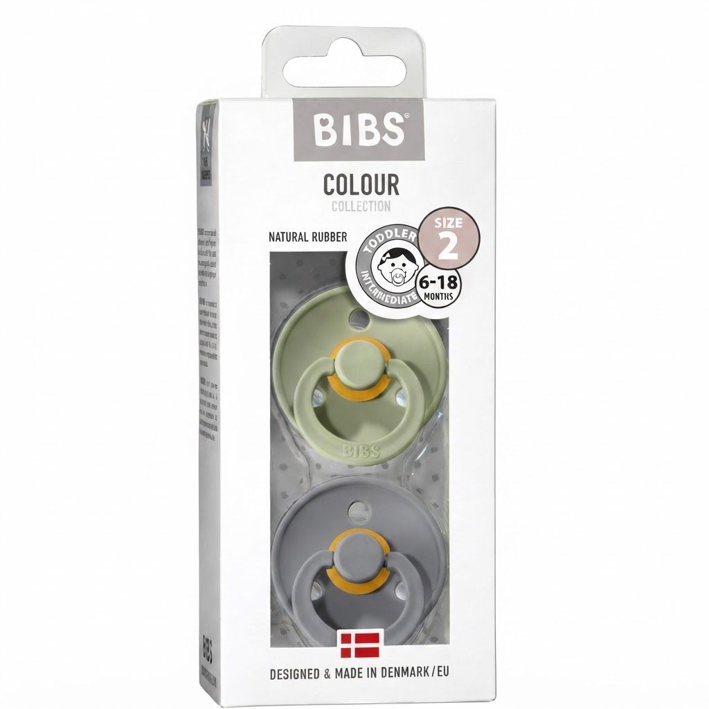 BIBS Latex Colour Round Pacifier Size 2 6+ Months 2 Pack, Customized Comfort, Skin-Like Softness, Flexible And Durable - Sage/Cloud