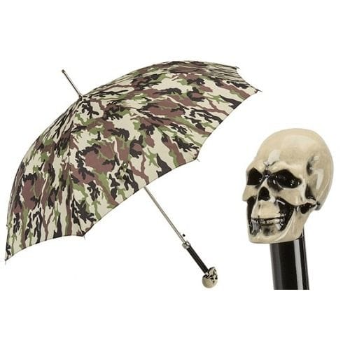 Pasotti Camouflage Umbrella, Handmade in Italy, Premium Camouflage Canopy with Enameled Resin Skull Handle, Luxury Designer Umbrella