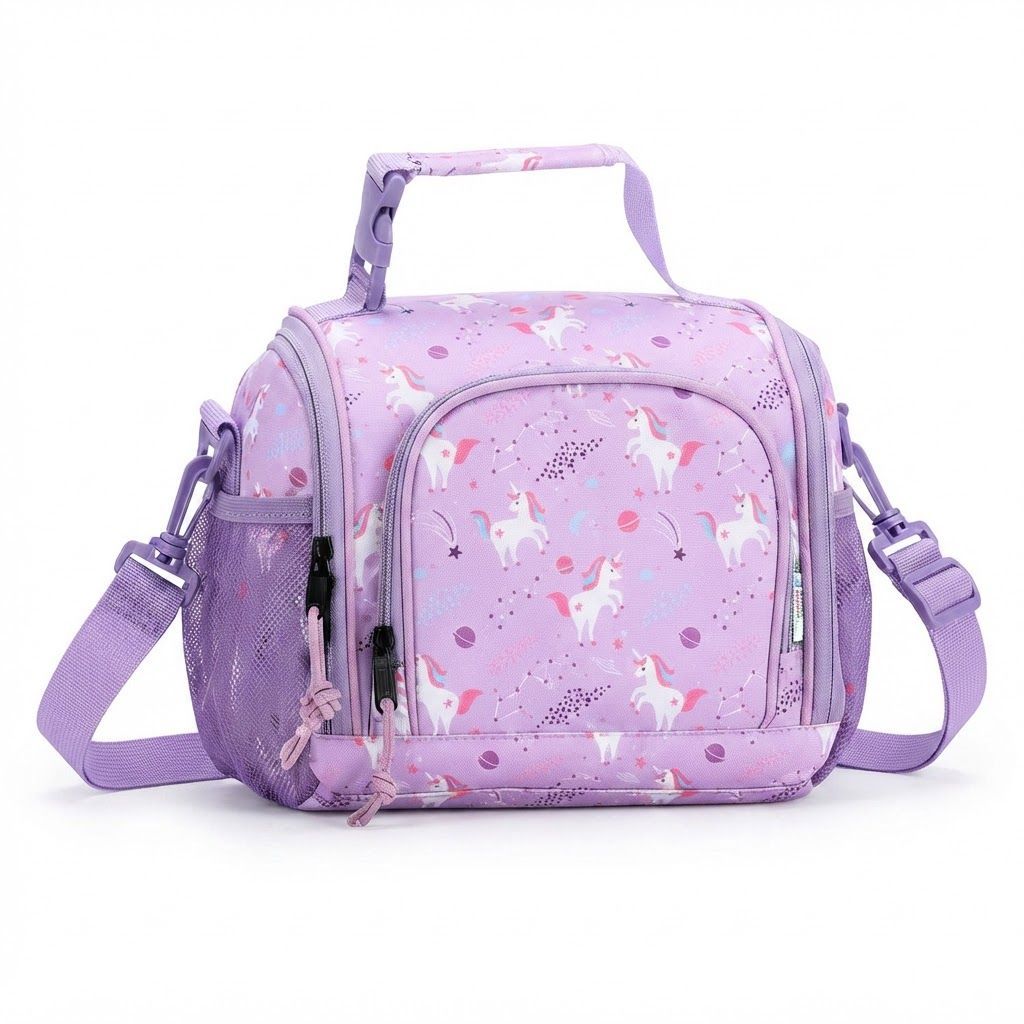 VASCHY Insulated Lunch Bag for Kids - Purple Unicorn Cooler Box for Girls Boys, Spacious Reusable