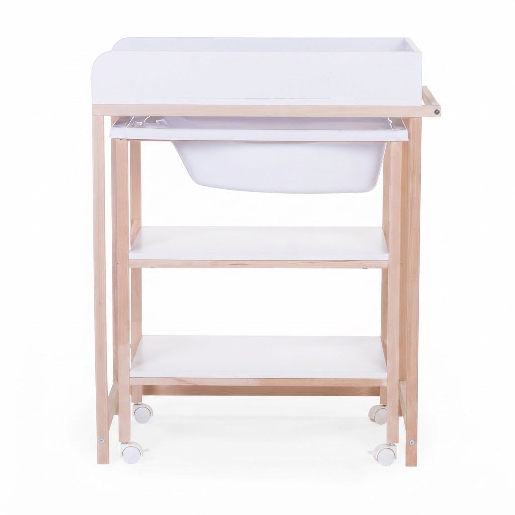 Childhome Changing Table And Bath With Wheels (Box 1/2), Compact Storage, Extra-Large Care Unit, Lockable Wheels - Natural White