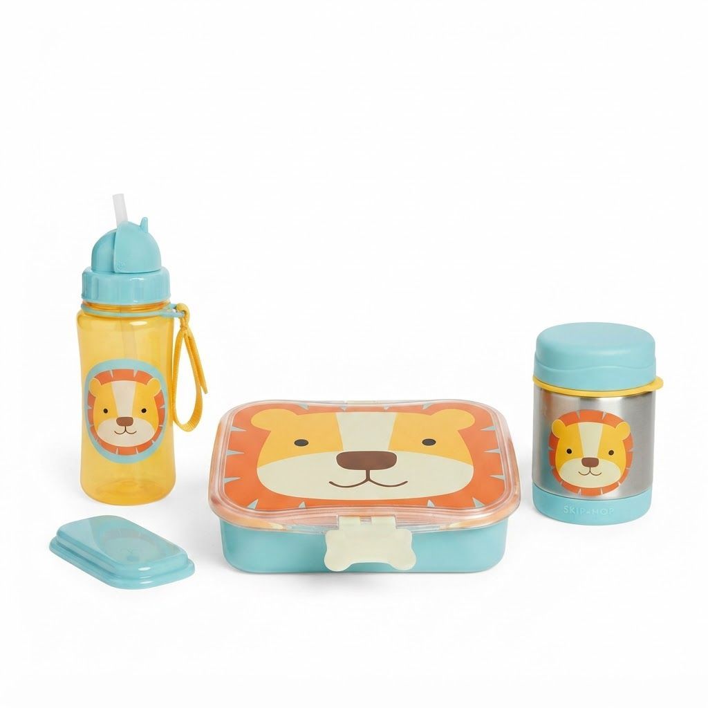طقم غداء Skip Hop Zoo بتصميم الأسد +3 سنوات، سعة 700 مل، مشابك سهلة الفتح بأشكال مرحة، تصميم مانع للتسرب، آمن للغسل في غسالة الصحون - متعدد الألوان