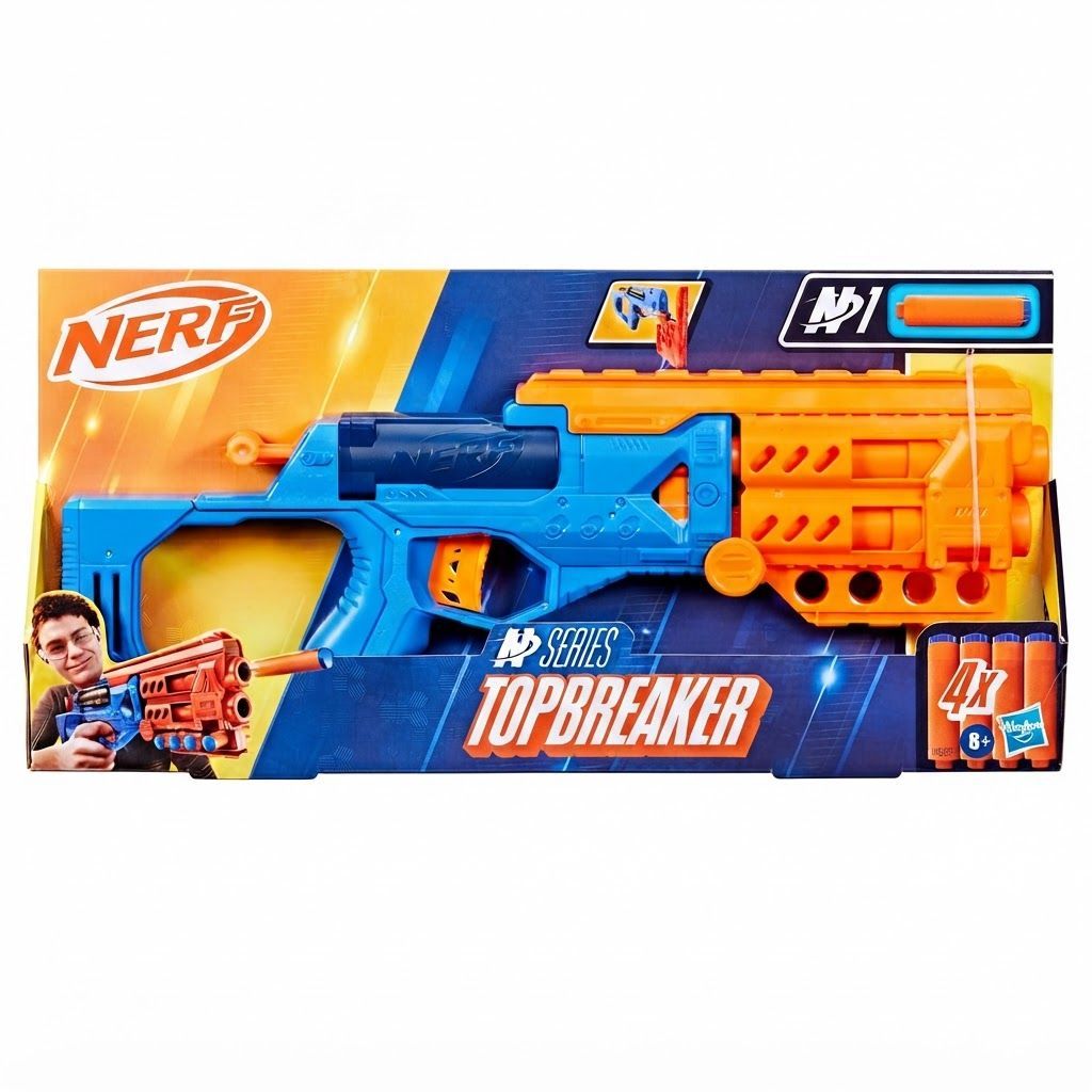 Nerf N Series Topbreaker Blaster, Break-Open Action, 4 Official N1 Darts, High-Performance