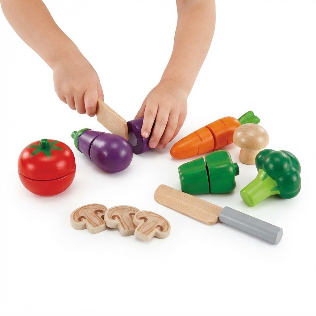 Hape Garden Vegetables Wooden Play Food Set for Kids - Educational Kitchen Toy with Cutting Knife