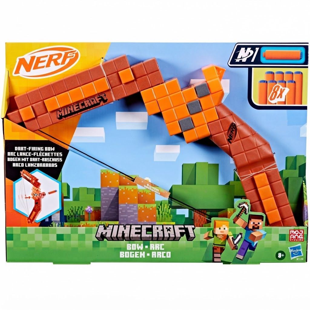Nerf Minecraft Bow Dart Blaster with 8 N Series N1 Darts - Authentic Gaming Design, Easy String