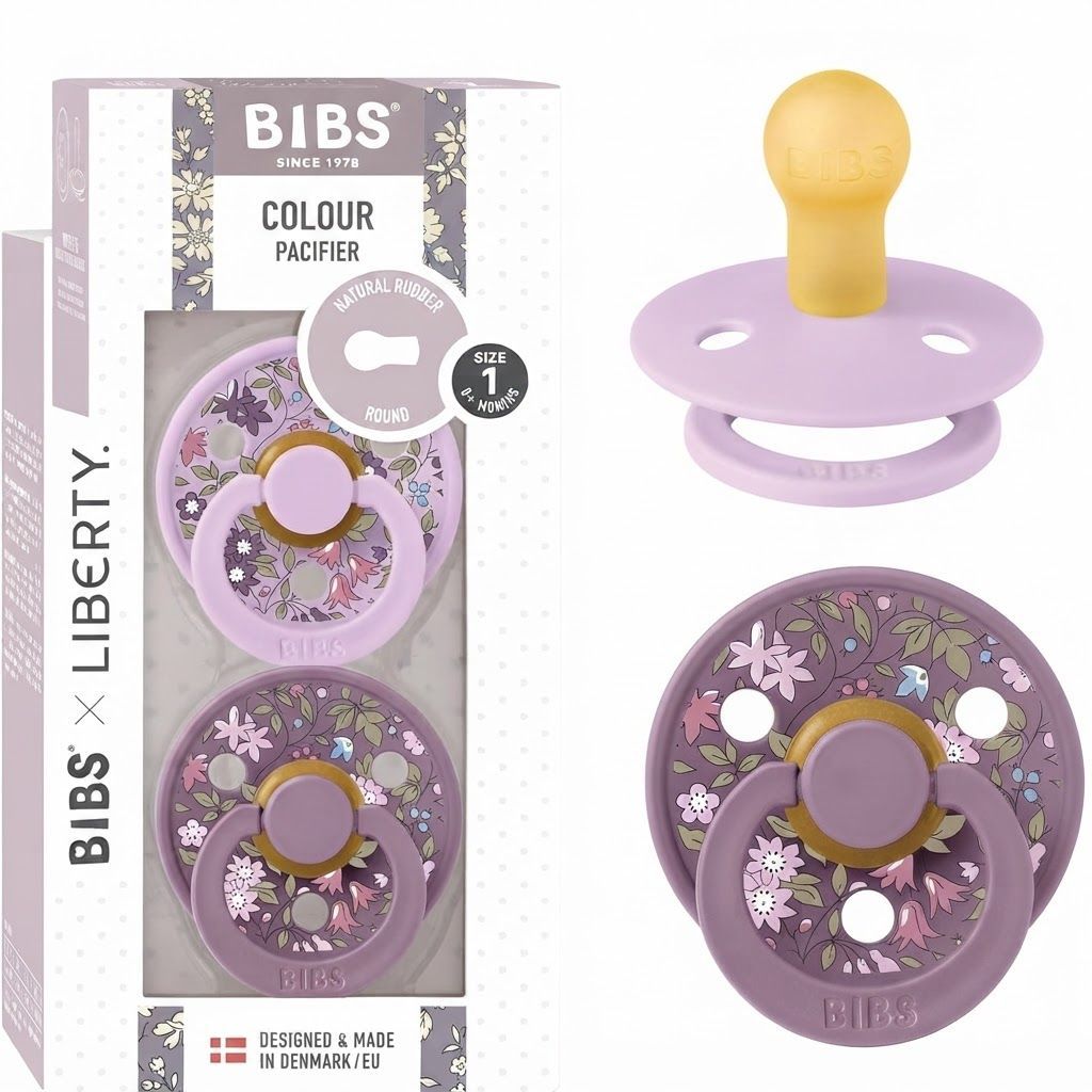 BIBS X Liberty Colour Chamomile Lawn Latex Round Pacifier Size 1 0+ Months 2 Pack, Skin Like Softness, Excellent Flexibility - Violet Sky Mix