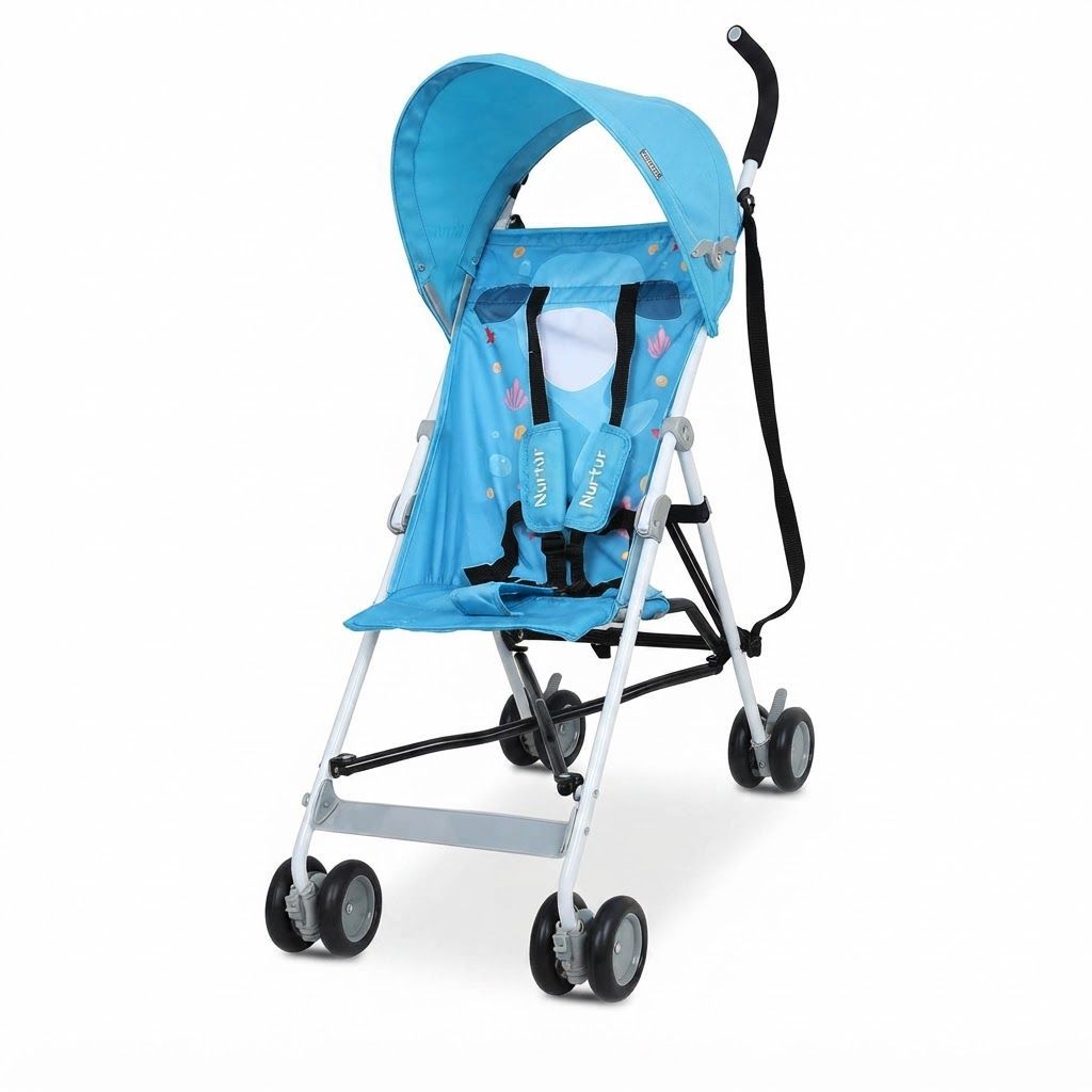 Nurtur Rex Lightweight Stroller Compact Fold Travel Buggy with Sun Canopy & Shoulder Strap, 5-Point | Light Blue