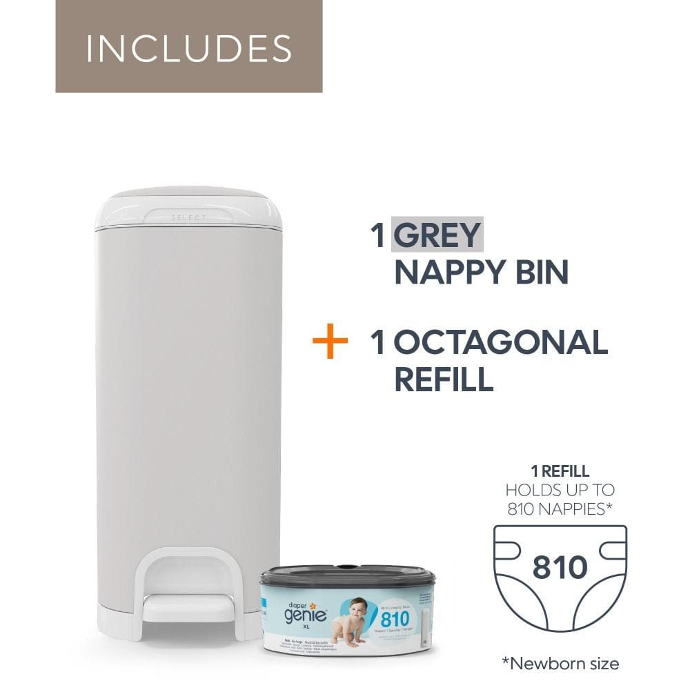 Diaper Genie Select Pail Baby Nappy Trash Bin 20L, Odor Lock Technology, Stainless Steel Design, Hands-Free Step Pedal - Gray