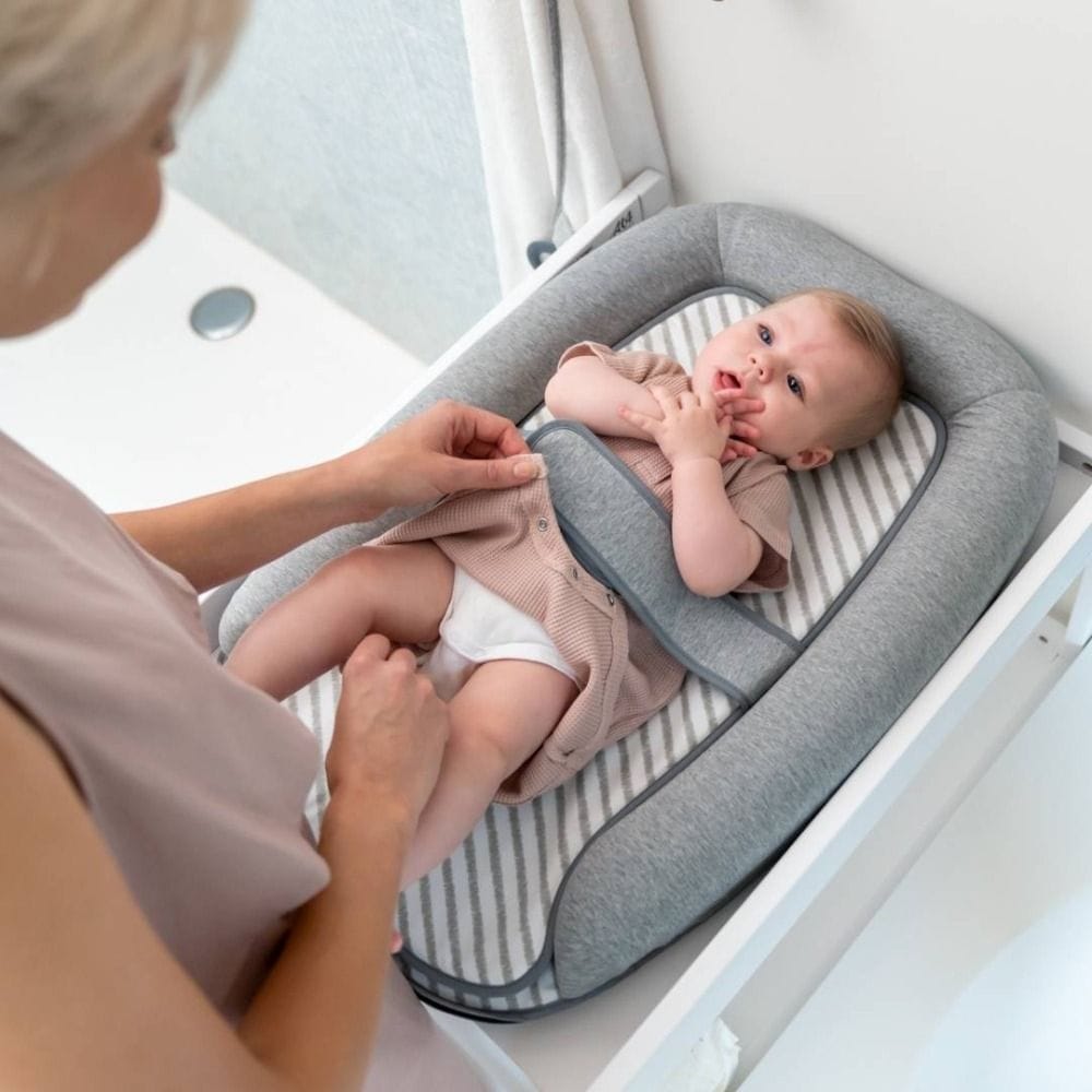 Doomoo Cosy Care Changing Mat, Cozy And Secure Changing Mat Design, Built-In Safety Belt For Added Protection, Soft Raised Side Edges - Granite