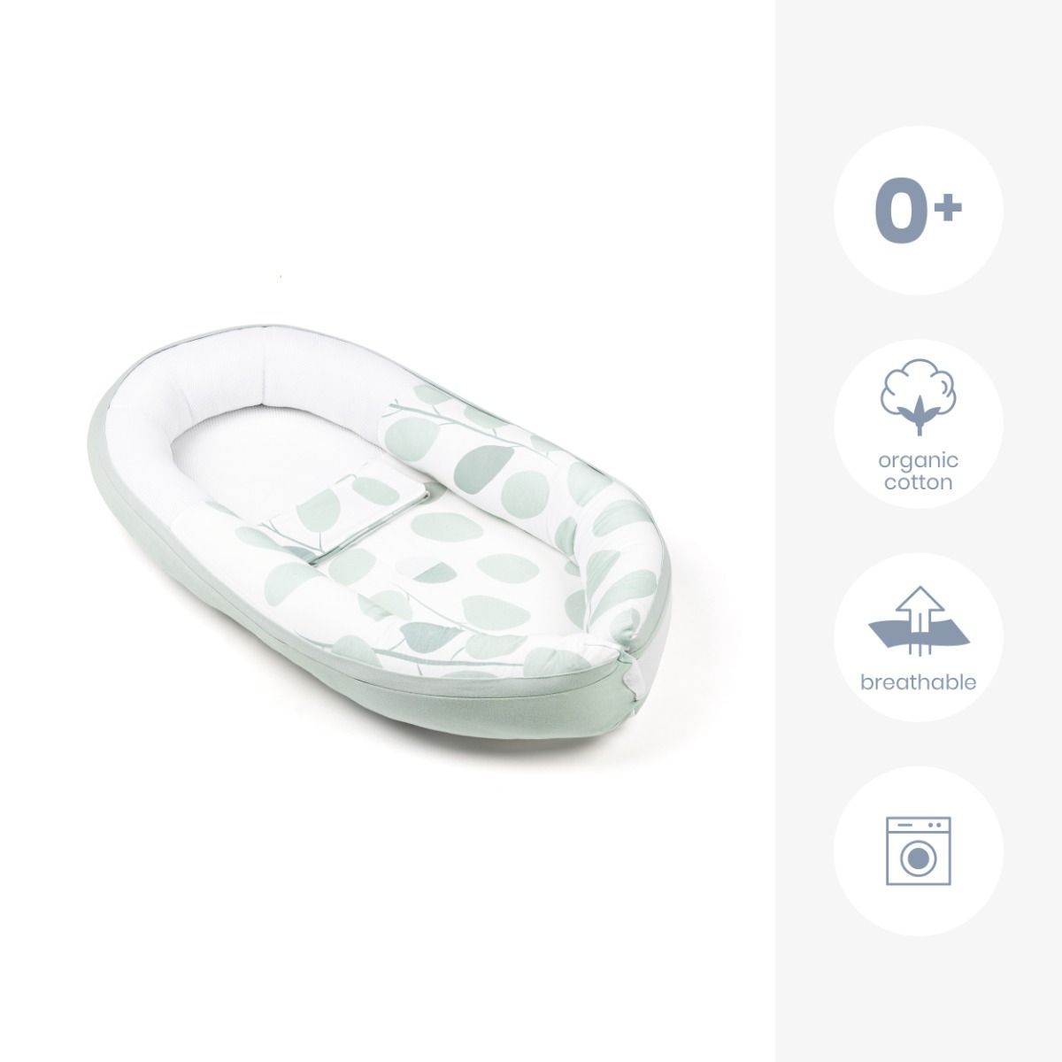 Doomoo Cocoon Babynest, Designed With Breathable 3D Mesh, Removable And Washable Cover, Supersoft, Organic Cotton - Aqua Green Leaves