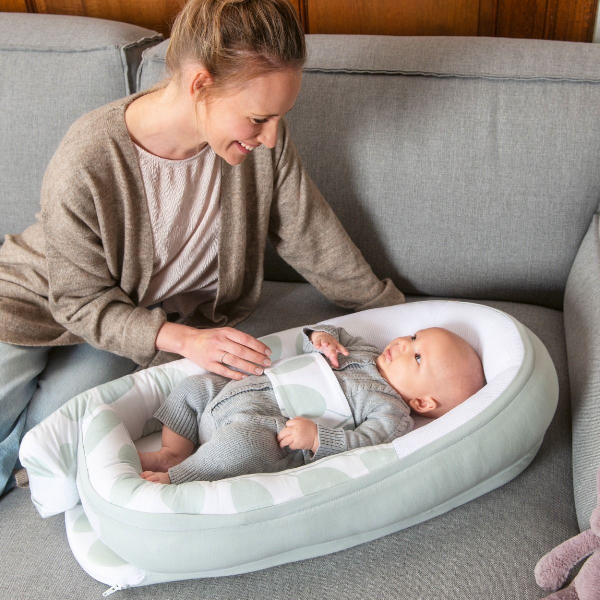 Doomoo Cocoon Babynest, Designed With Breathable 3D Mesh, Removable And Washable Cover, Supersoft, Organic Cotton - Aqua Green Leaves