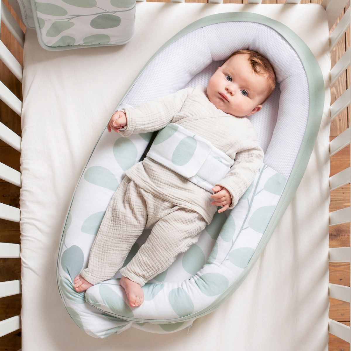 Doomoo Cocoon Babynest, Designed With Breathable 3D Mesh, Removable And Washable Cover, Supersoft, Organic Cotton - Aqua Green Leaves