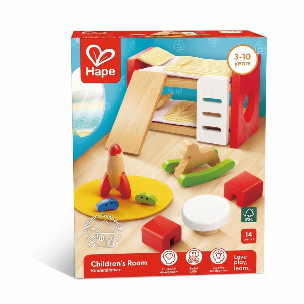Hape Wooden Doll House Children's Room Furniture Set with Bunk Beds, Table, Chairs & Rocket, Red