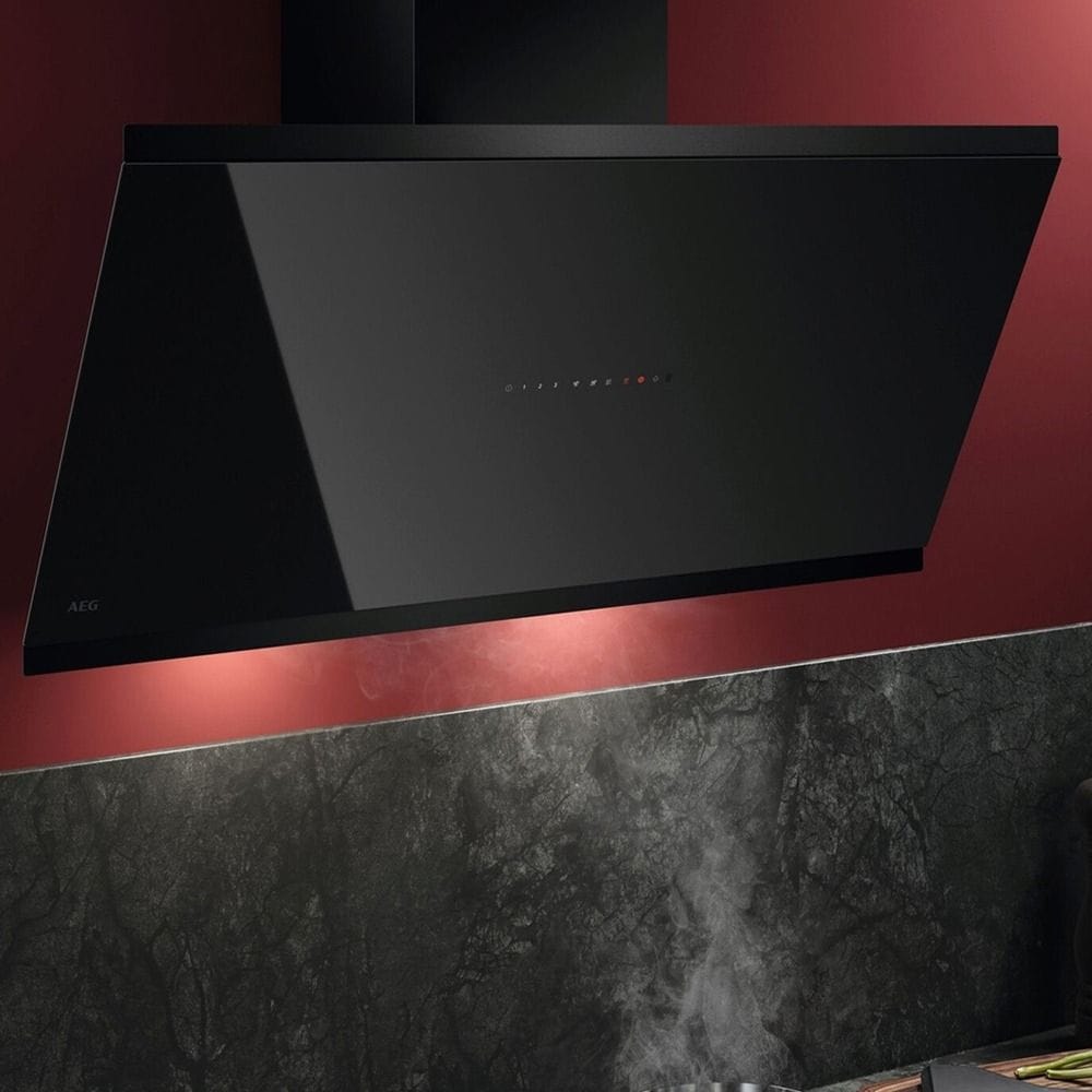 AEG 90cm Chimney Cooker Hood, Touch-on-Glass Controls, Powerful Kitchen Ventilation, Modern Glass Design | Black - GV77D91SB