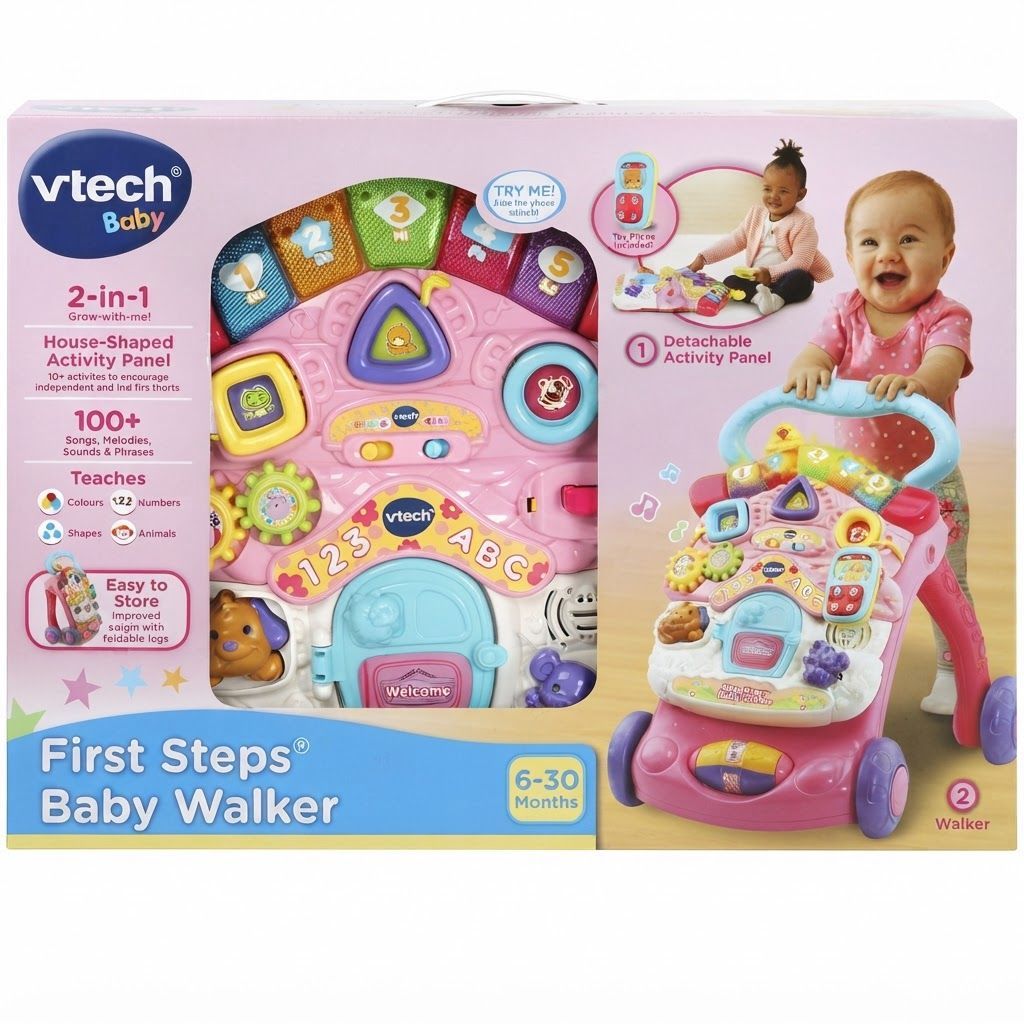 VTech First Steps Baby Walker, Interactive 2-in-1 Activity Center for Toddlers, Pink Learning Toy