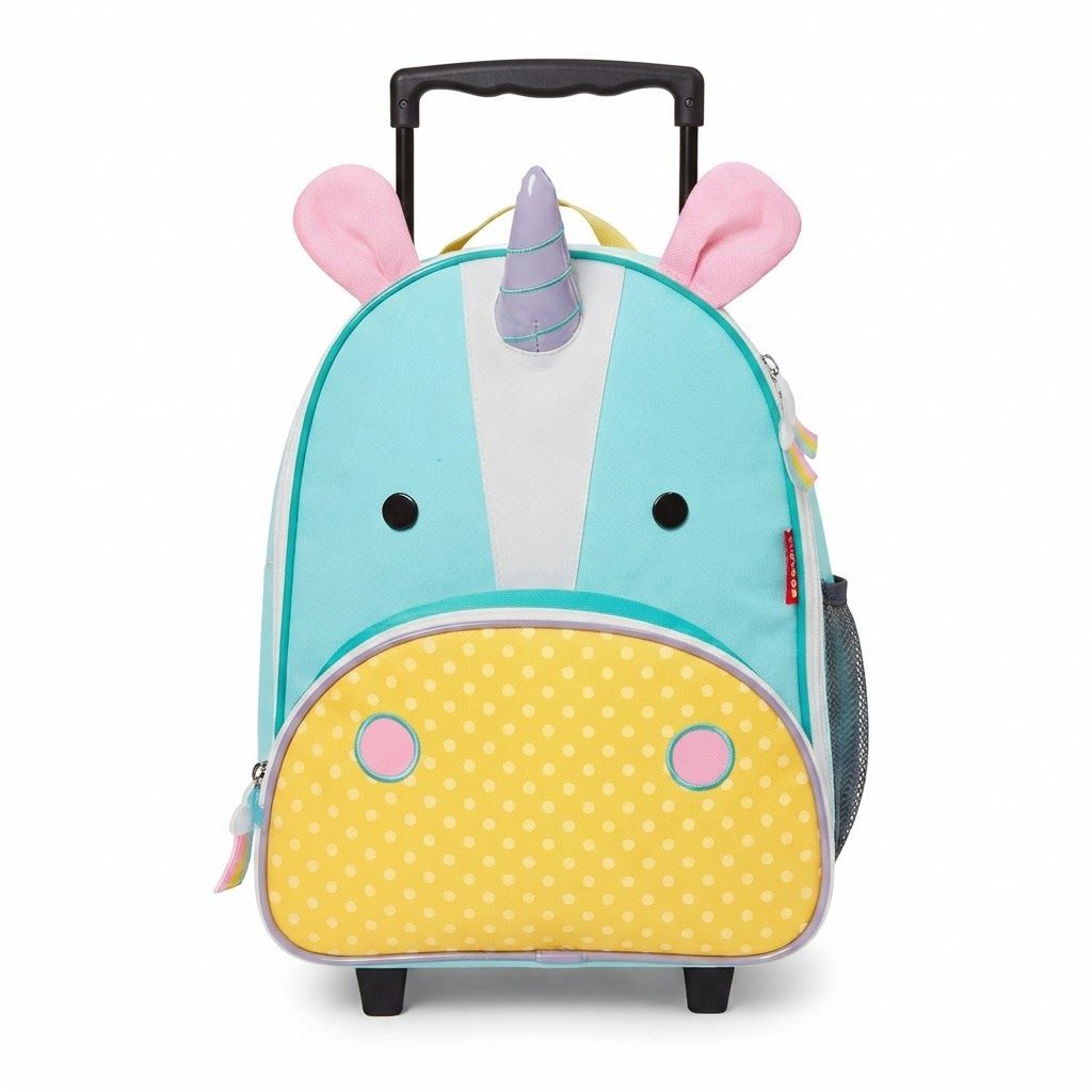 حقيبة سفر بعجلات للأطفال Skip Hop Zoo بتصميم اليونيكورن +3 سنوات، جيب شبكي مطاطي لزجاجة المياه، قماش بولي كانفاس متين، سحابات مرحة متناسقة - متعدد الألوان