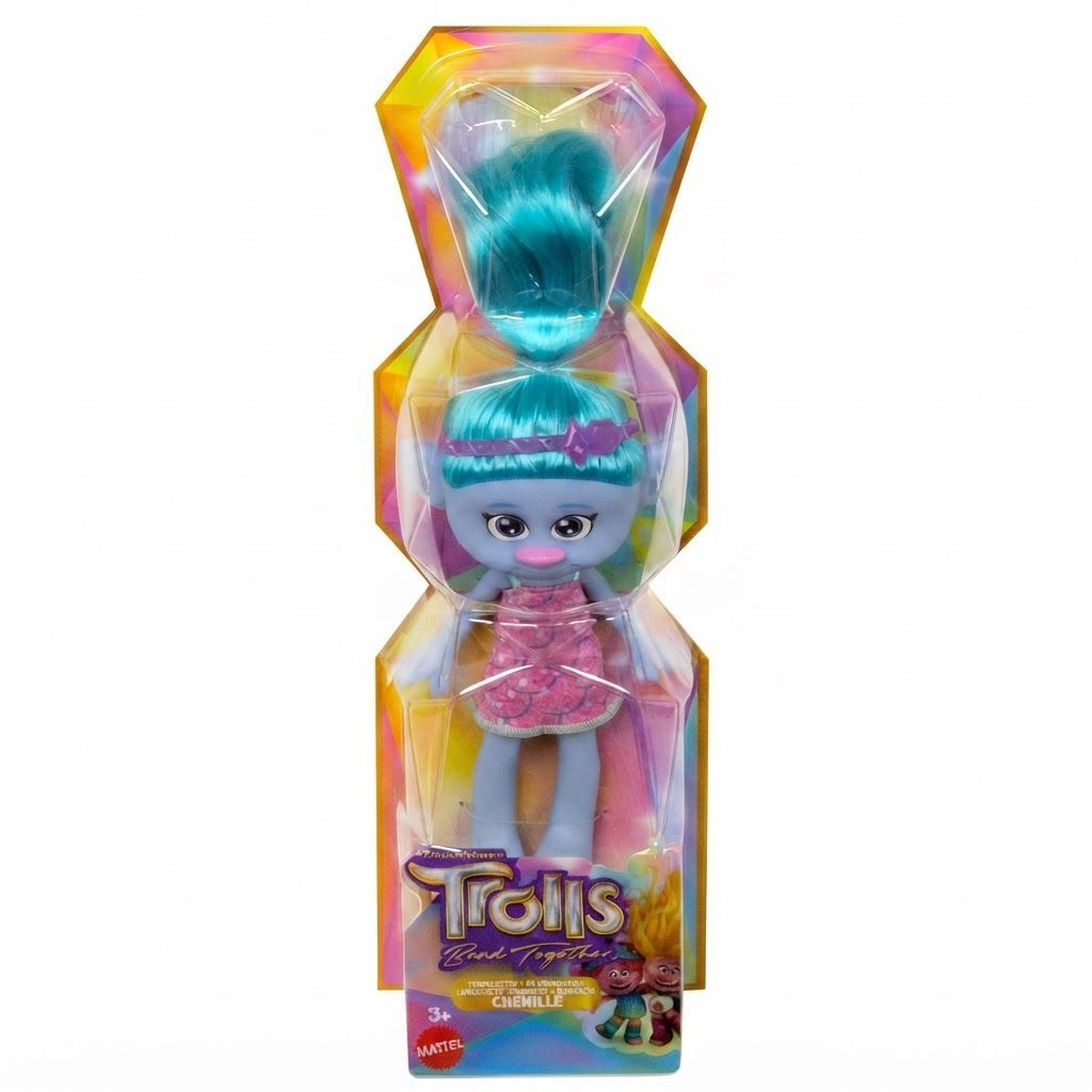 Mattel Dream Works Trolls Band Together Trendsettin’ Chenille Fashion Doll, Signature Blue Hair & Fashion Accessories, Blue