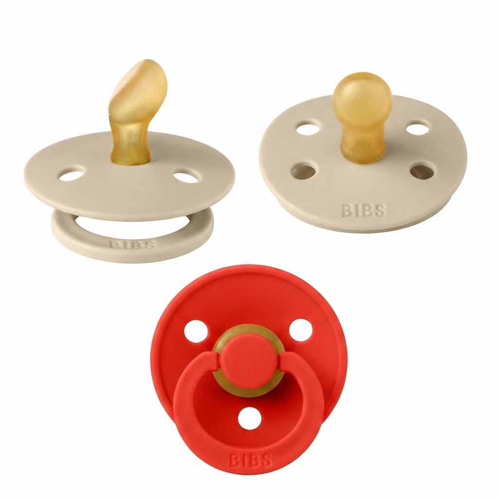 BIBS Latex Anatomical Pacifier Colour Size 1 0+ Months 2 Pack, Air Releasing Valve, Anti-Irritation Shield, Skin-Like Softness - Vanilla/Candy Apple