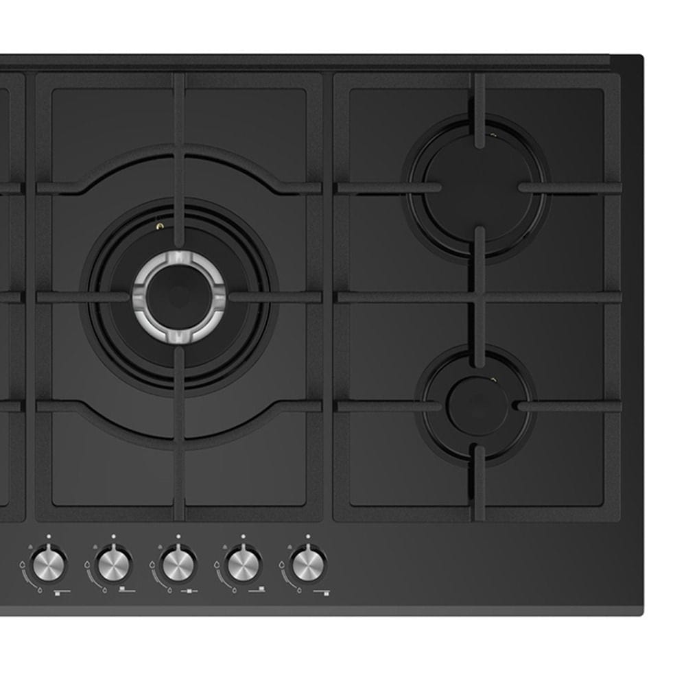 Simfer Trend Series 90cm Built-In Gas Hob, 5 Gas Burners, Wok Burner, Front Controls, Black Glass Surface | Black - SMFBHGTR90
