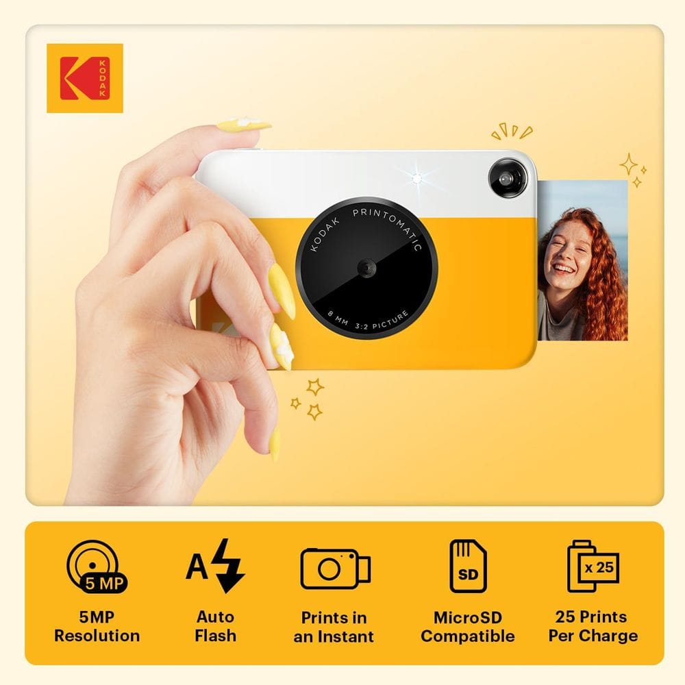 Kodak Printomatic Instant Print Camera, 5MP Sensor, Wide-Angle f/2 Lens, Instant 2x3-Inch ZINK Photo Printing, MicroSD Storage | Yellow - 840102192063